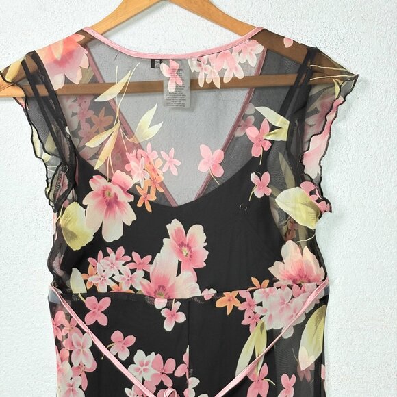 90s Rampage Babydoll Dress Sz 9 Whimsigoth Floral Sheer Asymmetrical Hem Fairy‎ - Picture 10 of 13